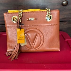 Valentino Tan Leather Shoulder Bag with Gold Accents
